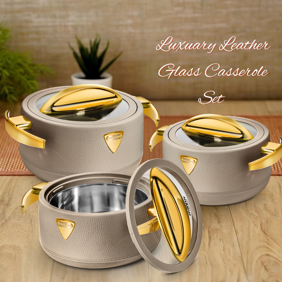 MAYUR LUXURY LEATHER GLASS CAASEROLE SET