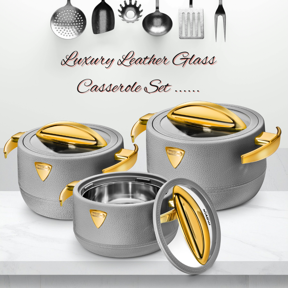 Mayur Luxury Leather Glass Caaserole Set - Color: Multi Colour