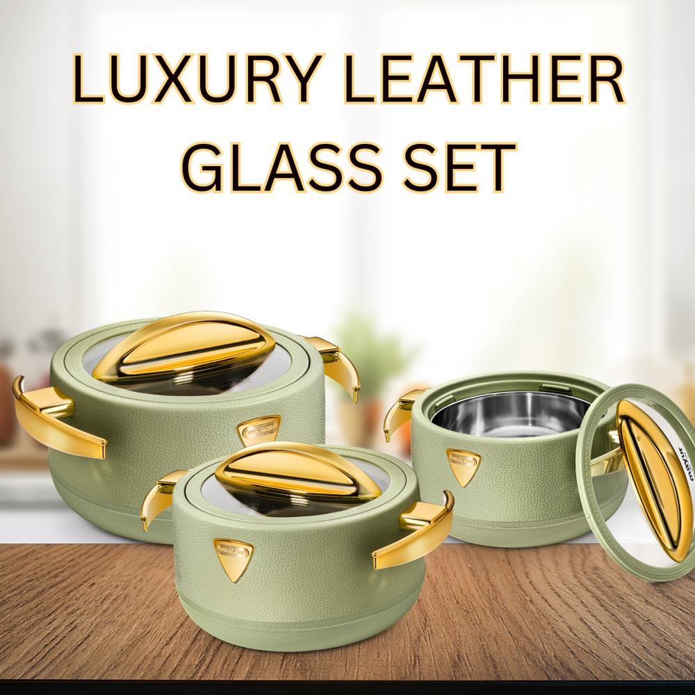 MAYUR LUXURY LEATHER GLASS CAASEROLE SET