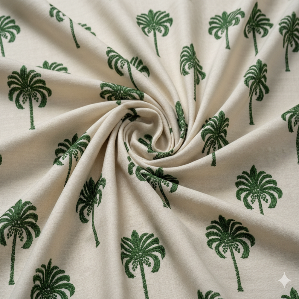 Organza Palm Tree Printed Beige Fabric