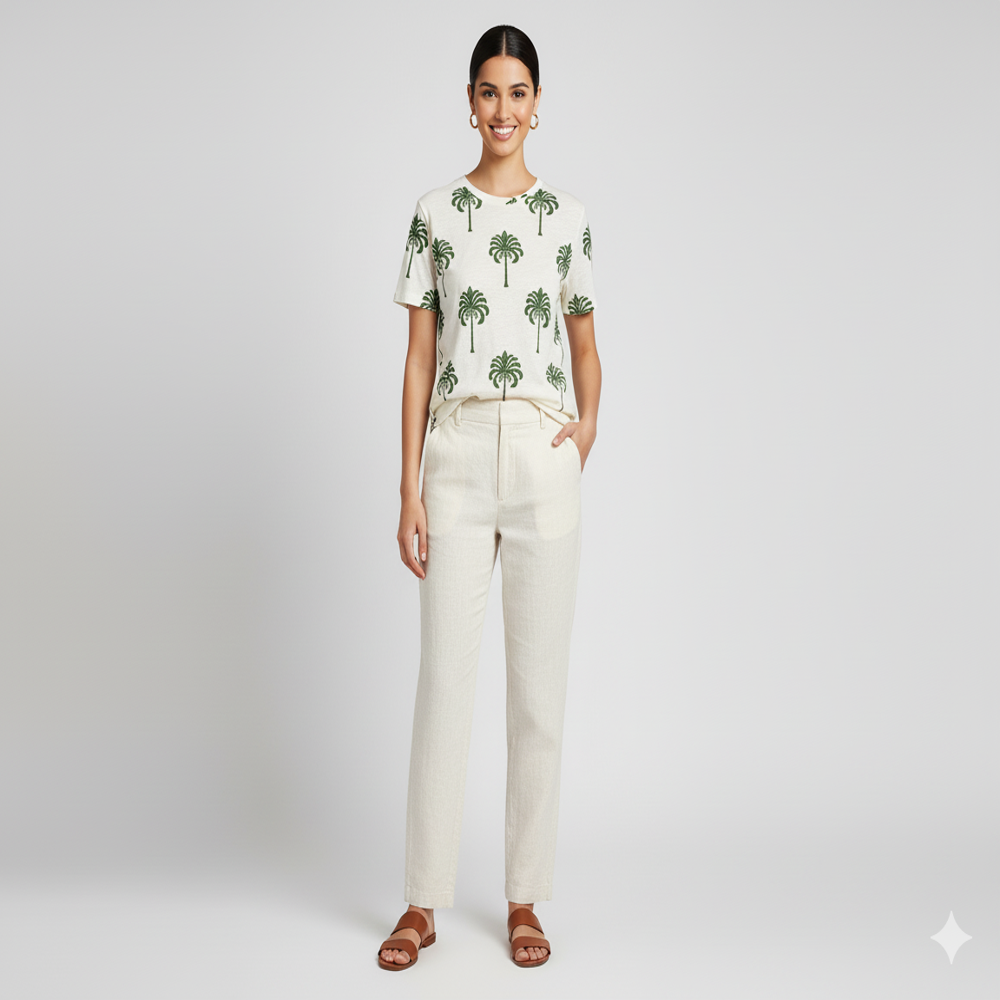 Organza Palm Tree Printed Beige Fabric