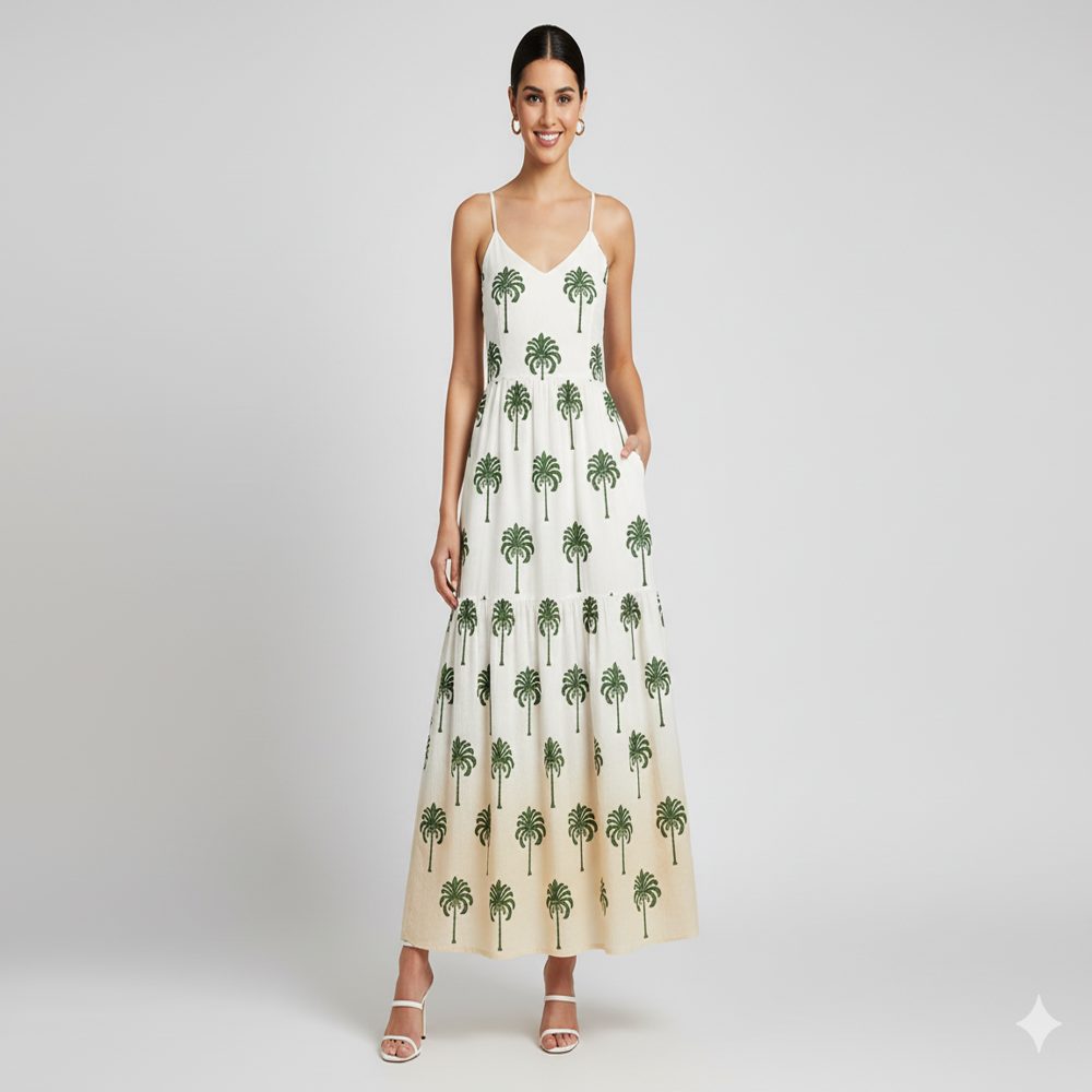 Organza Palm Tree Printed Beige Fabric