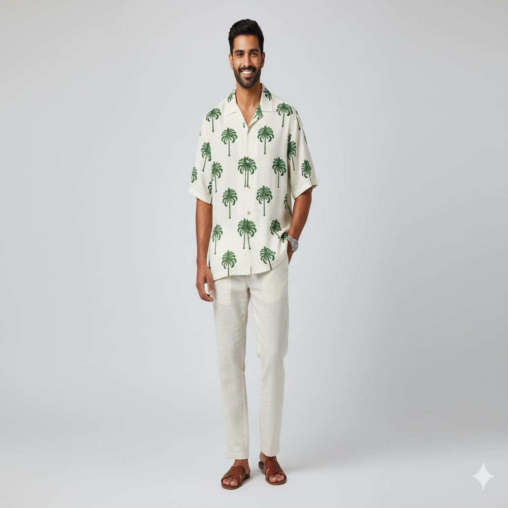 Organza Palm Tree Printed Beige Fabric