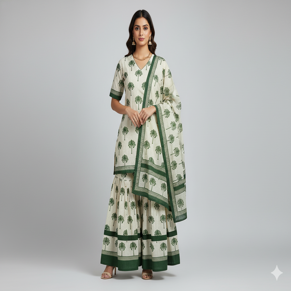 Organza Palm Tree Printed Beige Fabric