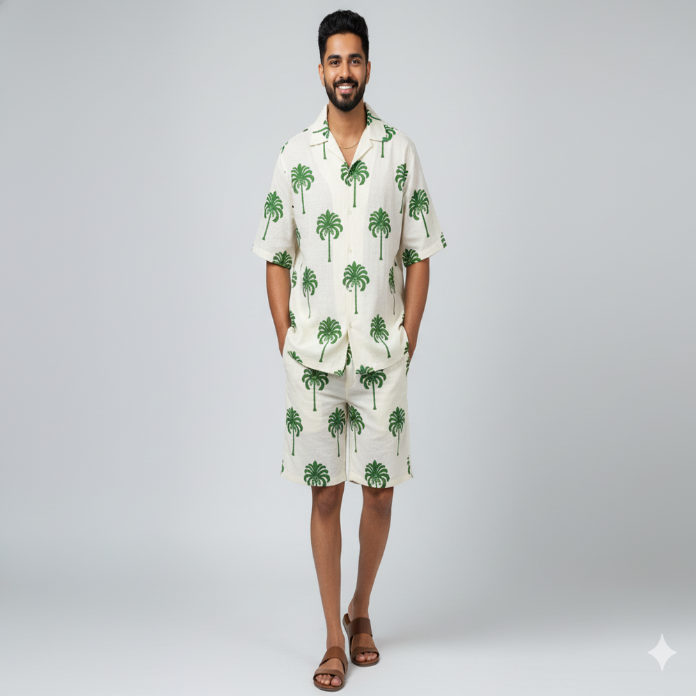 Organza Palm Tree Printed Beige Fabric