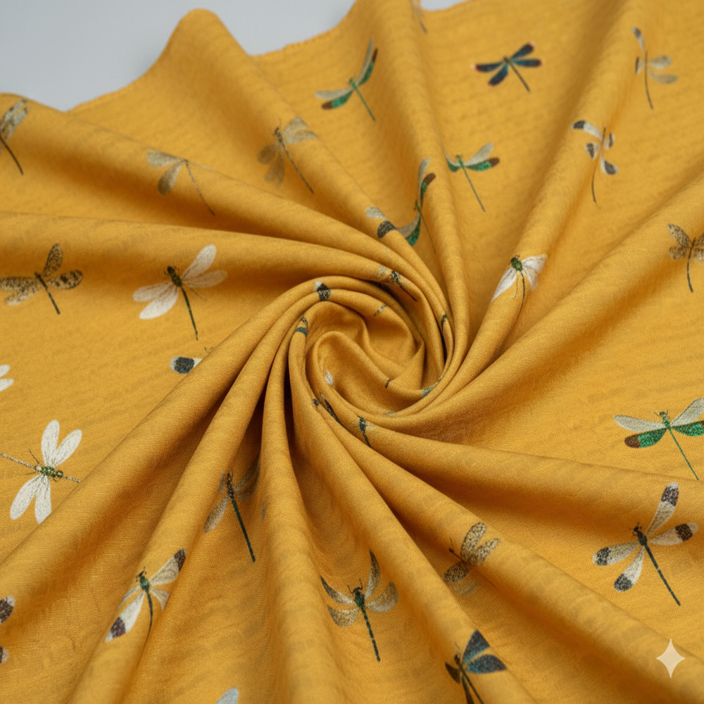 Dragonfly Printed Mustard Yellow Fabric - Application: Garment Making