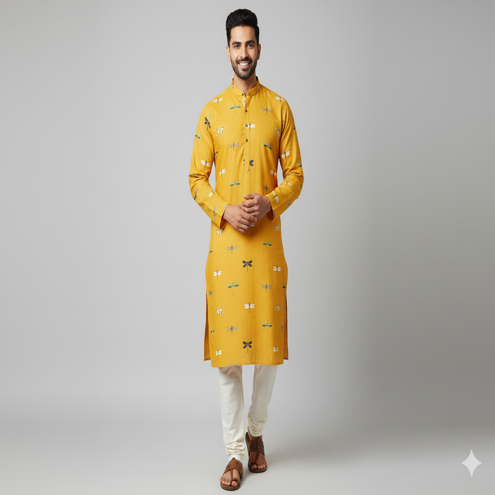  Dragonfly Printed Mustard Yellow Fabric