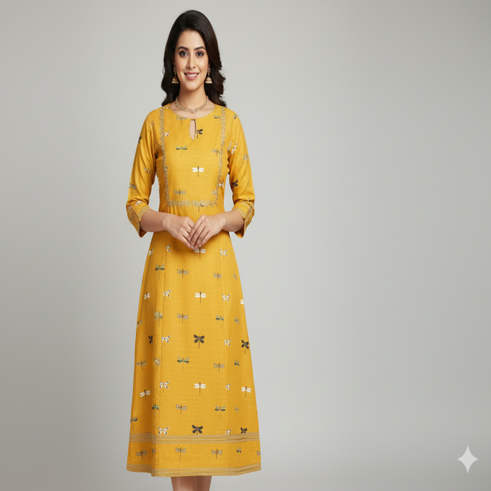  Dragonfly Printed Mustard Yellow Fabric