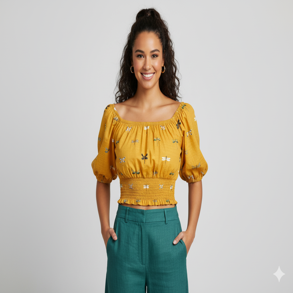  Dragonfly Printed Mustard Yellow Fabric