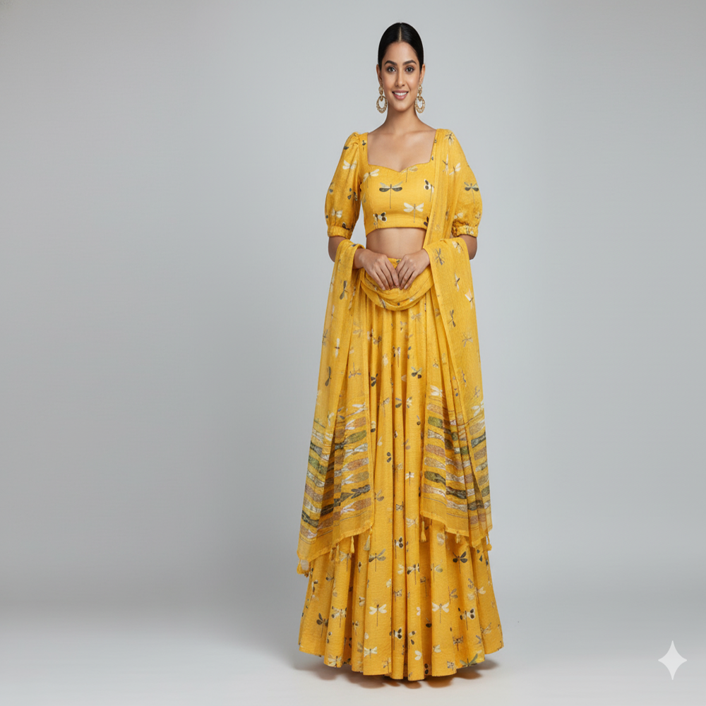  Dragonfly Printed Mustard Yellow Fabric