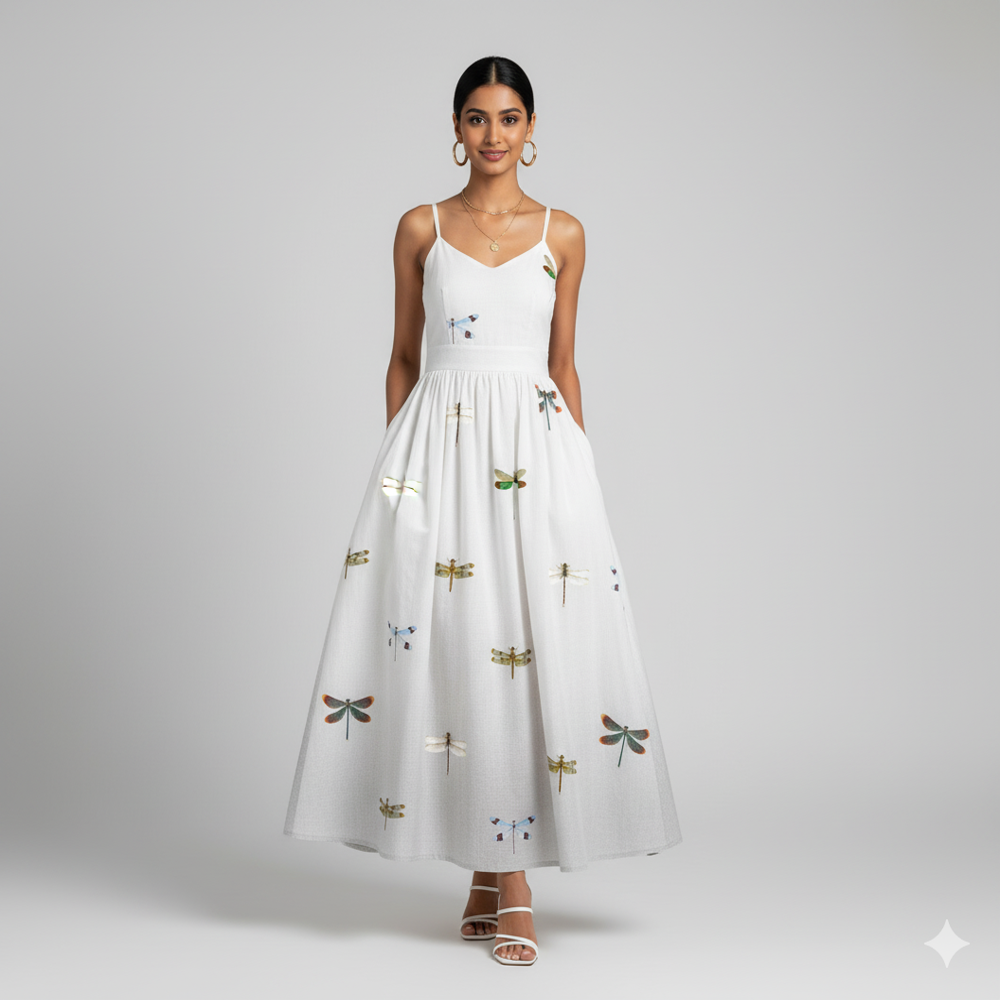 Dragonfly Printed White Fabric