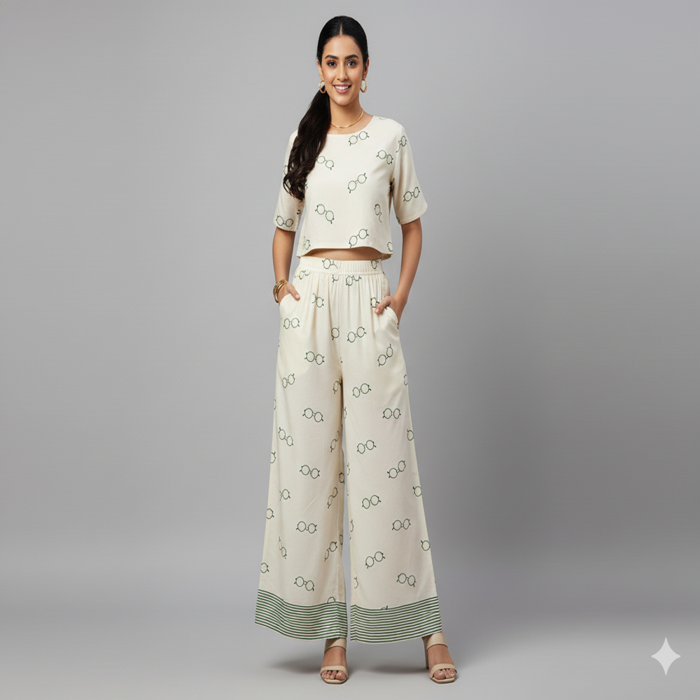 White Fabric with Olive Green Eyeglass Print