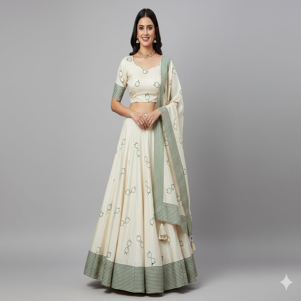 White Fabric with Olive Green Eyeglass Print