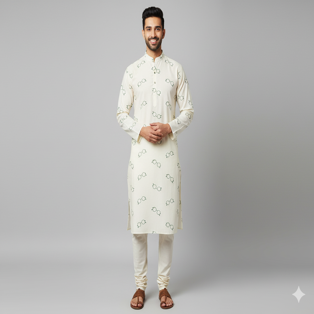 White Fabric with Olive Green Eyeglass Print