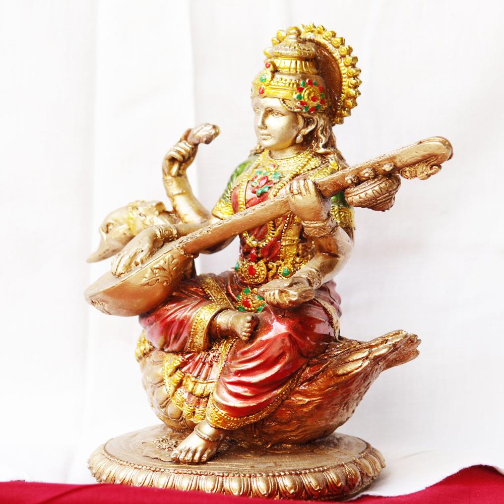 Maa Saraswati Statue - Handcrafted Resin, 12 Inches Tall, Elegant Gold Finish | Spiritual Symbol Of Knowledge, Wisdom, And Art
