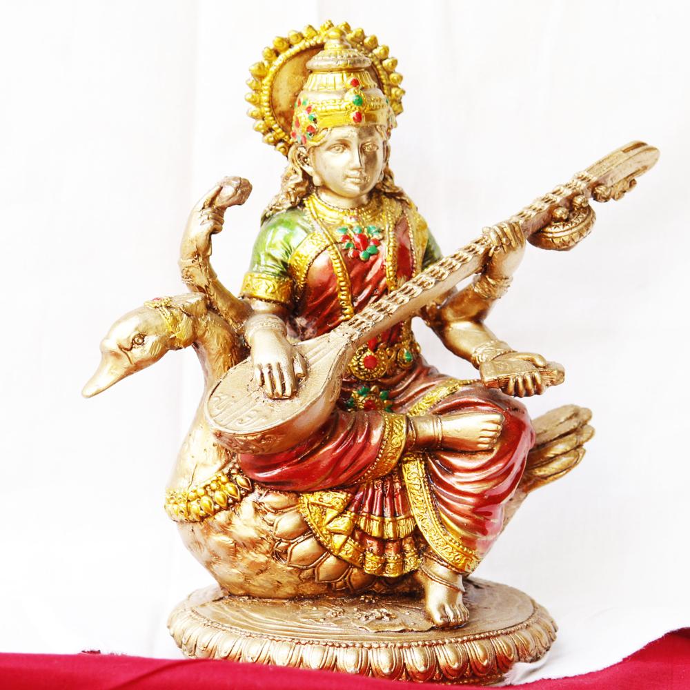 Maa Saraswati Statue - Handcrafted Resin, 12 Inches Tall, Elegant Gold Finish | Spiritual Symbol Of Knowledge, Wisdom, And Art