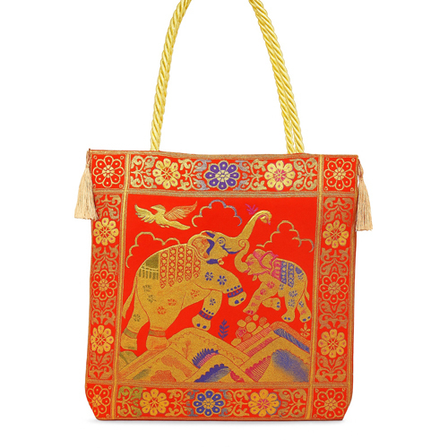 12 By 12 Orange Color Banarasi Silk Tote Bag - Color: Red