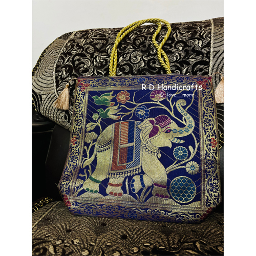 12 By 12 Blue Color Banarasi Silk Tote Bag - Size: Standard