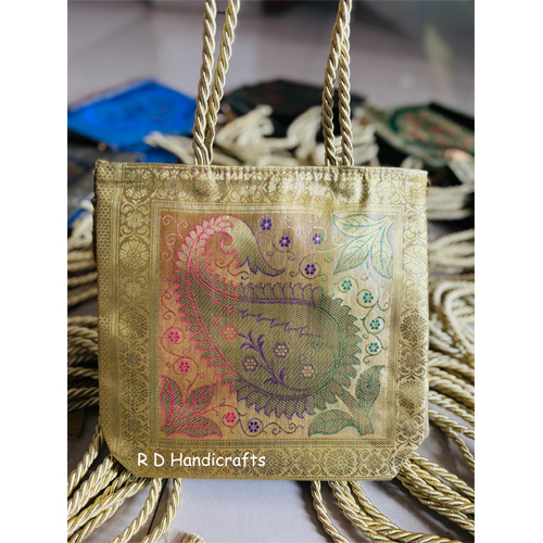 10 By 10 Golden Color Banarasi Silk Tote Bag - Size: Standard