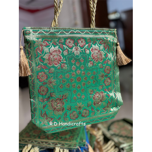 10 By 10 Green Color Banarasi Silk Tote Bag - Size: Standard