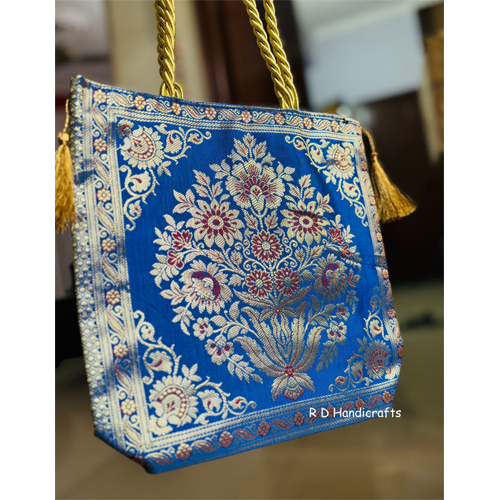 10 By 10 Blue Color Banarasi Silk Tote Bag - Size: Standard