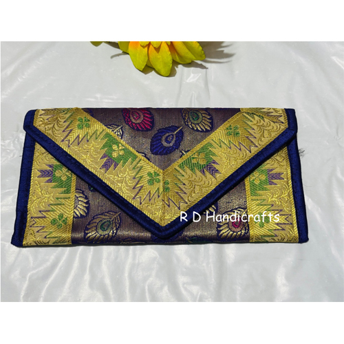 Ladies Banarasi Silk Envelope Clutch - Color: Blue