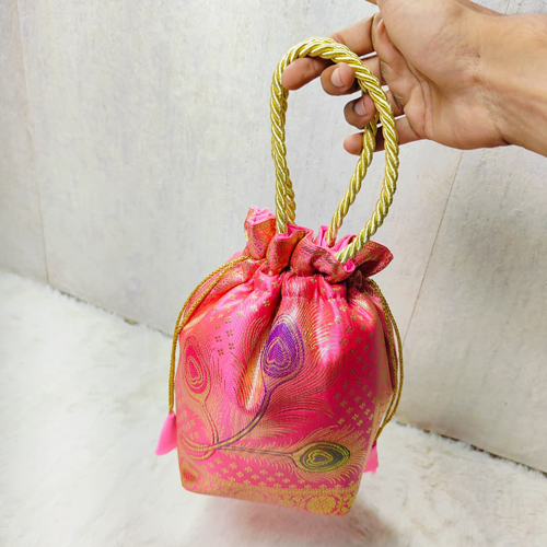 Pink Color Banarasi Silk Potli Bag - Size: Standard