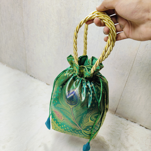 Green Color Banarasi Silk Potli Bag - Size: Standard