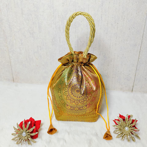 Golden Color Banarasi Silk Potli Bag - Color: Yellow