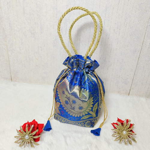 Blue Color Banarasi Silk Potli Bag - Size: Standard