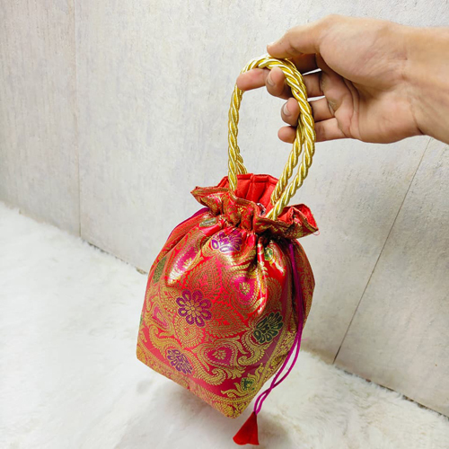 Red Color Banarasi Silk Potli Bag - Size: Standard