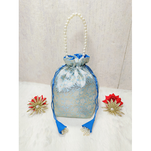 Banarasi Silk Potli Bag With Pearl Handle - Color: Blue
