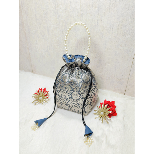 Banarasi Silk Potli Bag With Pearl Handle