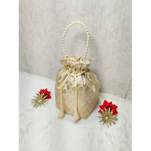 Banarasi Golden Silk Potli Bag With Pearl Handle - Color: White