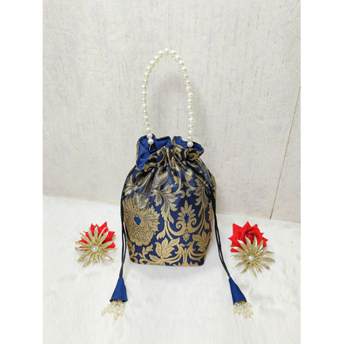 Banarasi Silk Blue Color Potli Bag With Pearl Handle - Size: Standard