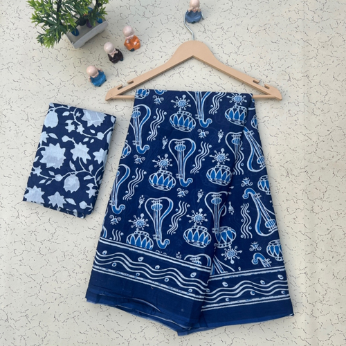 Mulmul Blue Color Cotton Saree - Gender: Female