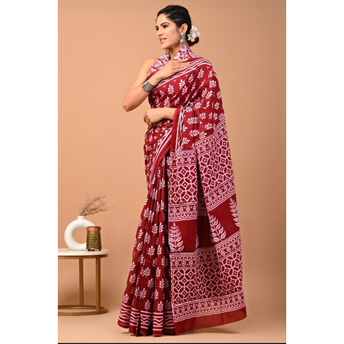 Mehroon Color Mulmul Cotton Saree - Color: Red