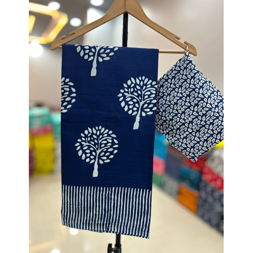 Blue Color Printed Mulmul Cotton Saree - Gender: Female