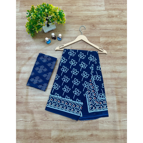Printed Blue Color Mulmul Cotton Saree - Gender: Female