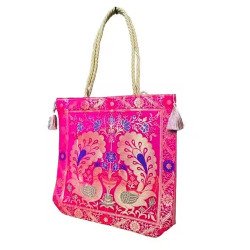 Stylish Banarasi Embroidered Tote Bag For Women - Color: Pink