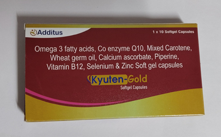 Kyuten-Gold-1 Omega 3 Fatty Acid Co Enzyme Q10 Mixed Carotene Wheat Germ Oil Calcium Ascorbate Piperine Vitamin B12 Selenium And Zinc Soft Gel Capsules - Drug Type: General Medicines