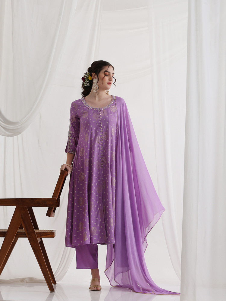 Floral Printed Round Neck Thread Work A-Line Purple Kurta With Trousers & Dupatta - Color: Multicolor