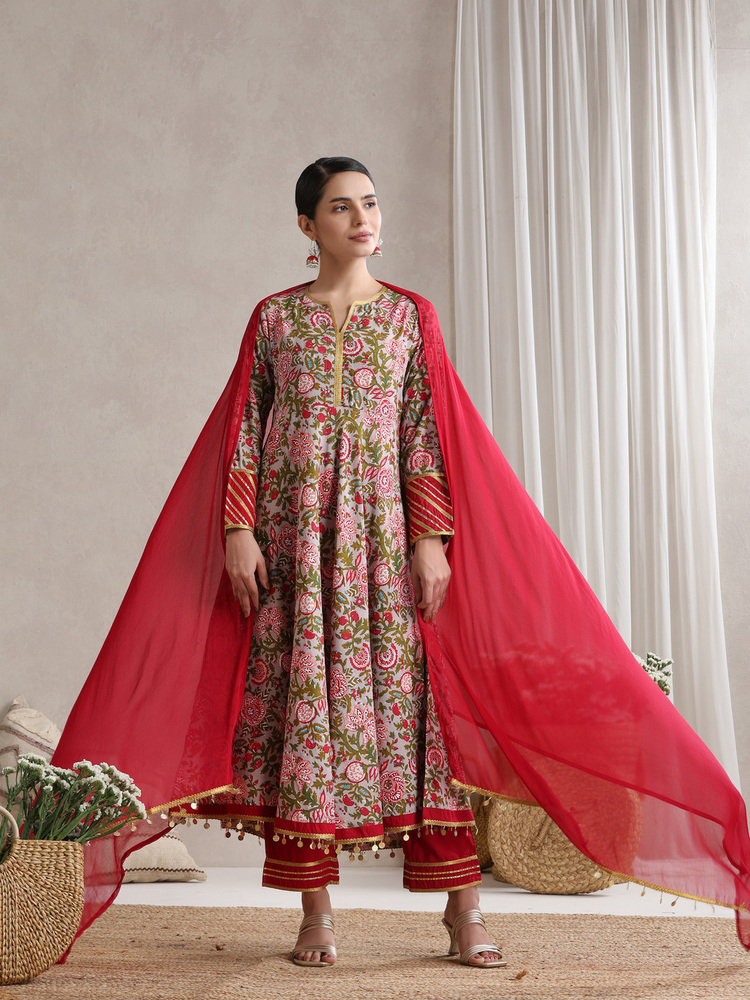 Floral Printed Notch Neck Anarkali Kurta With Palazzos & Dupatta - Color: Maroon