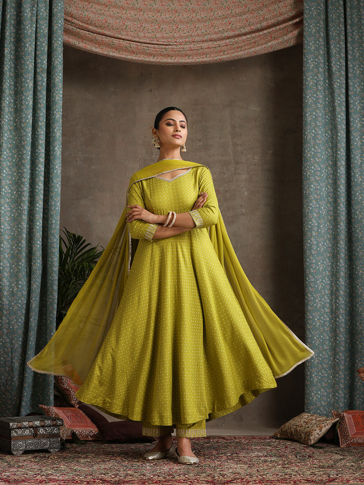 Floral Printed Sweet Heart Neck Anarkali Kurta With Palazzos & With Dupatta - Color: Multicolor