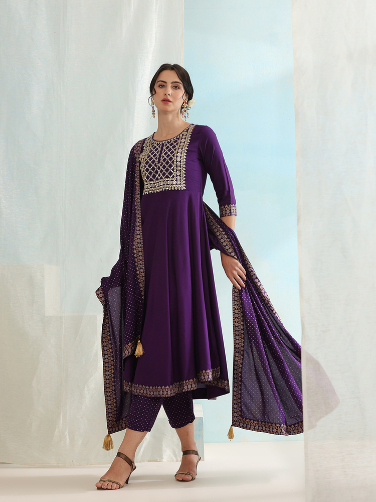 Ethnic Motifs Embroidered Sequined Purple Kurta With Palazzos & Dupatta - Color: Multicolor