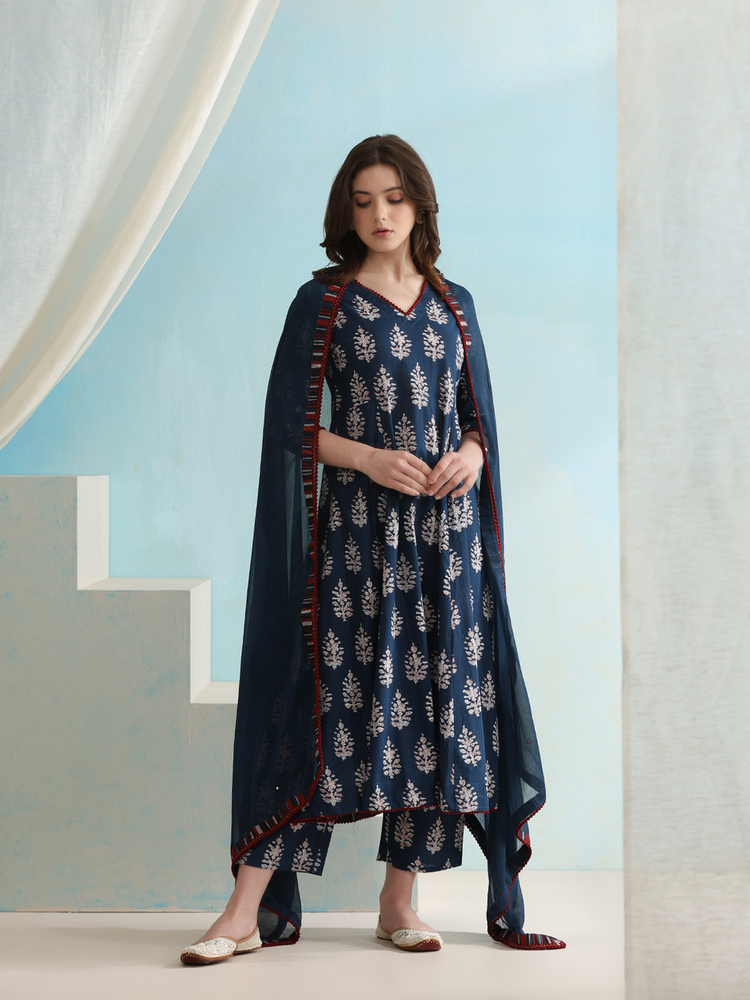 Ethnic Motifs Printed V-Neck Pure Cotton A-Line Kurta With Palazzos & Dupatta - Color: Multicolor