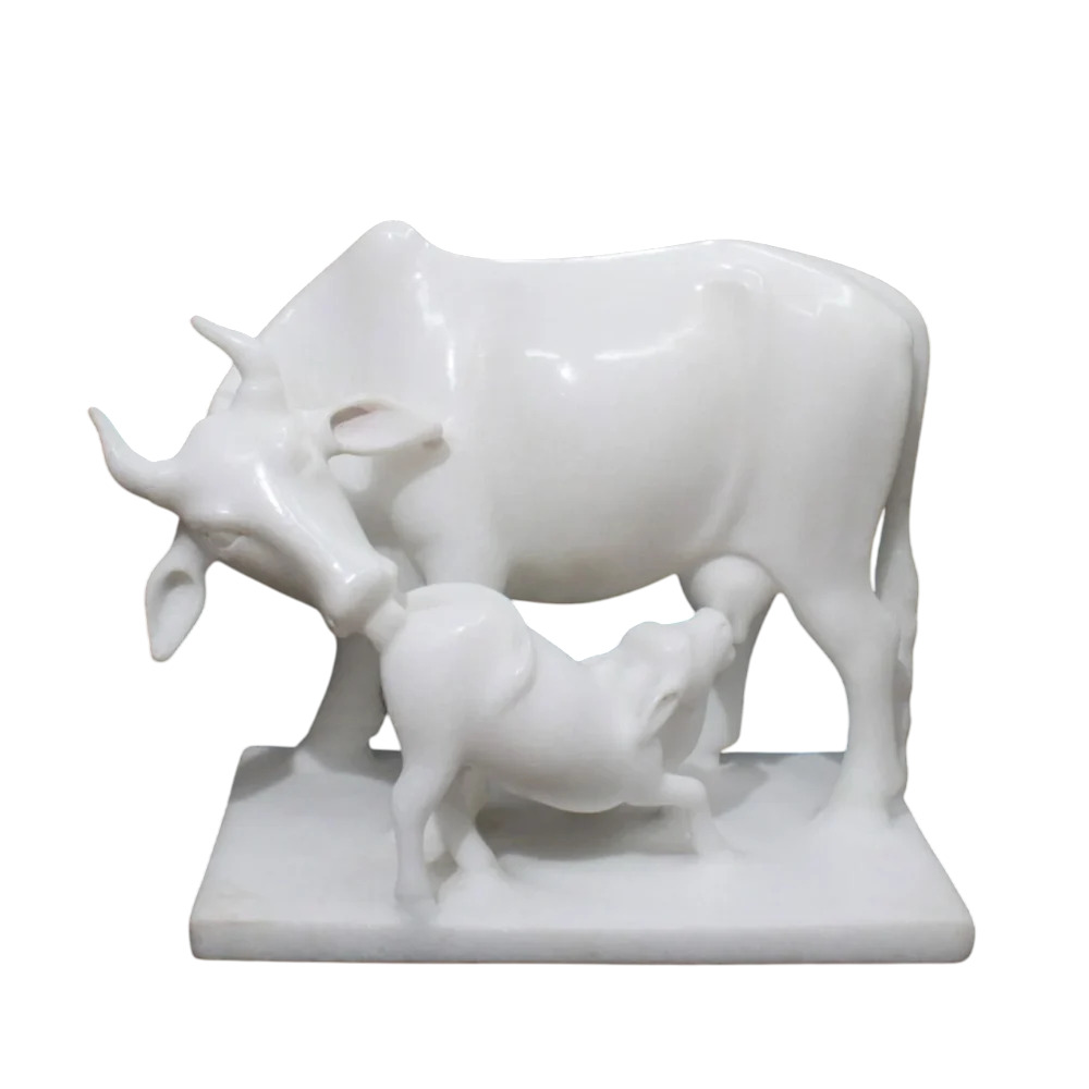 White Marble Cow And Calf Statue