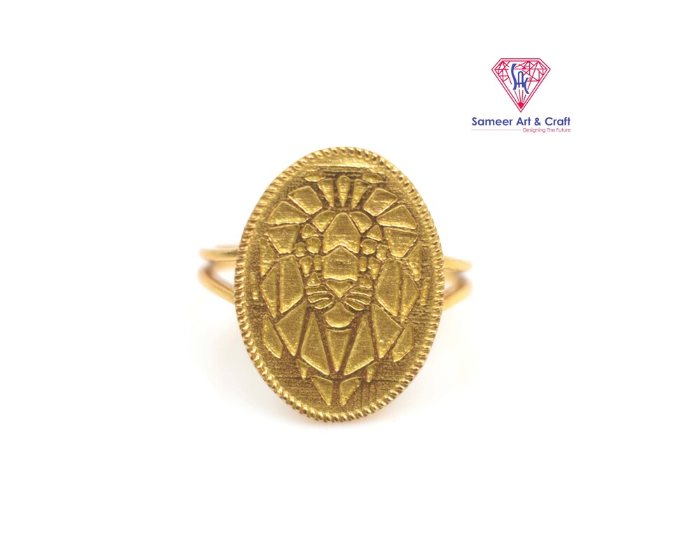Lion Face Charms Ring In Oval Shape Brass With 18k Gold Plated