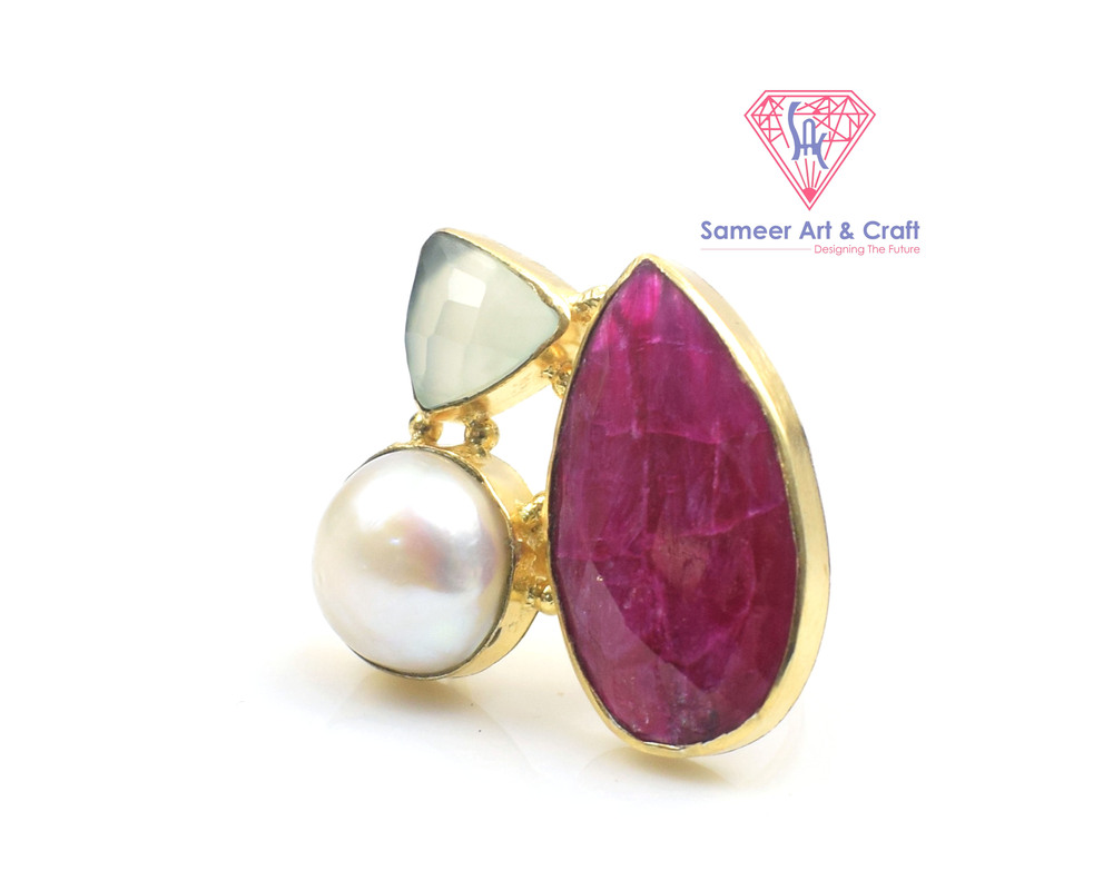 Natural Pearl And Gemstone Brass With 18k Gold Plated Finger Ring