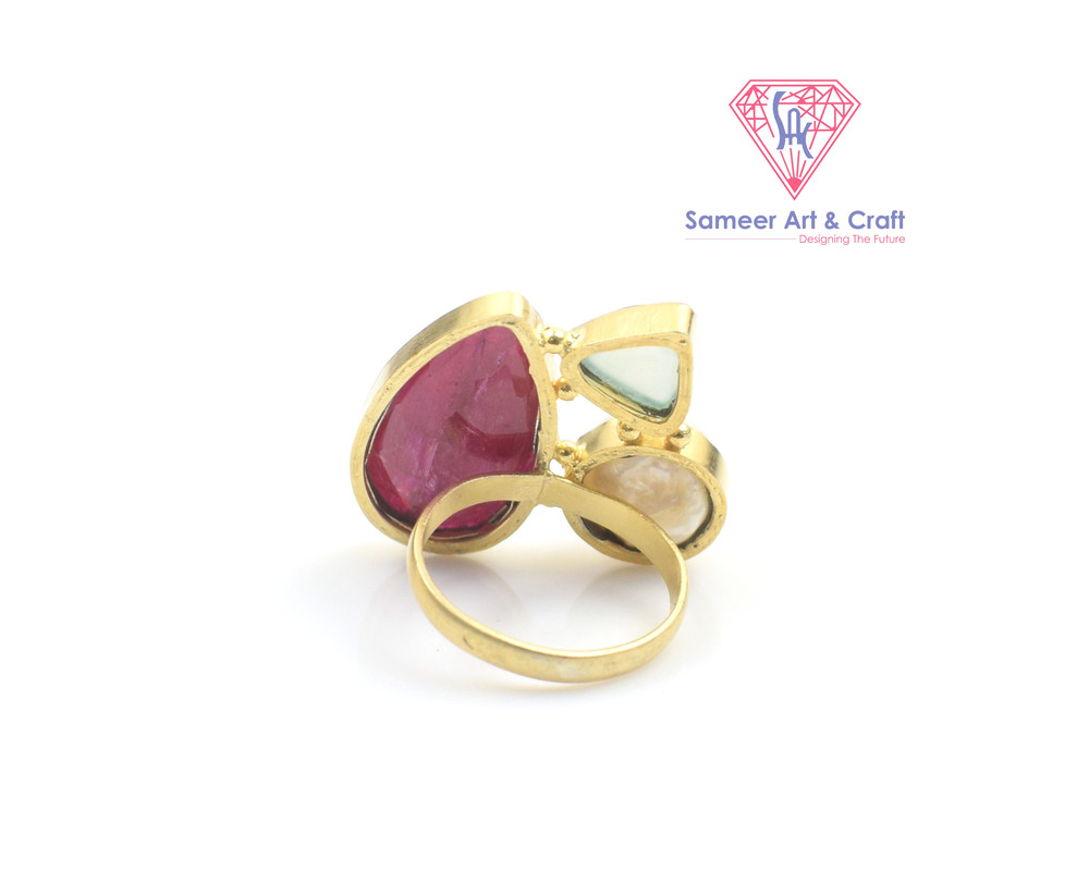 Natural Pearl And Gemstone Brass With 18K Gold Plated Finger Ring